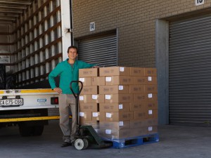 Man standing beside boxes on pallet truck, with lorry, portrait